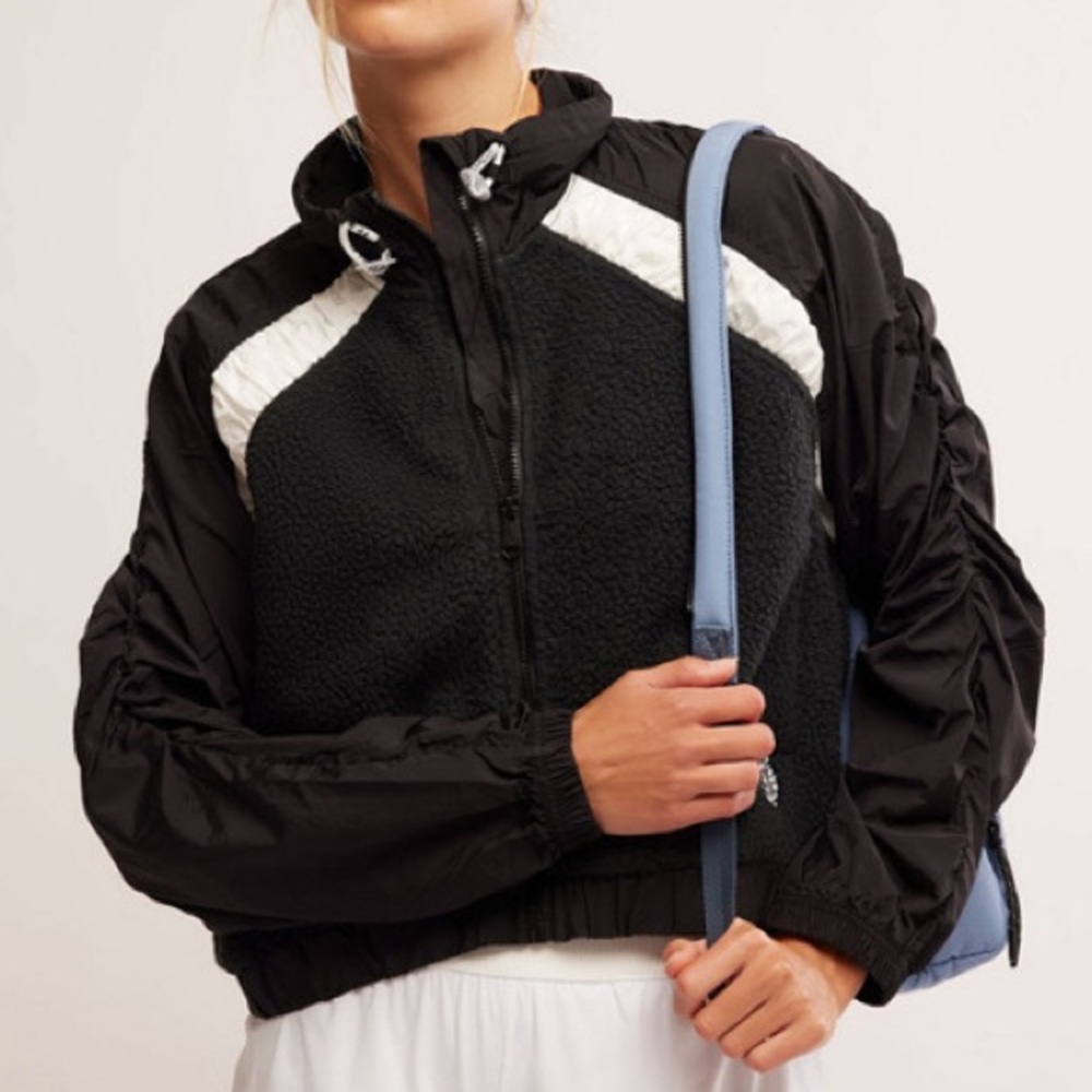 Free People FP Movement Amelia Zip Up Fleece Jacket in Black and White - NWT